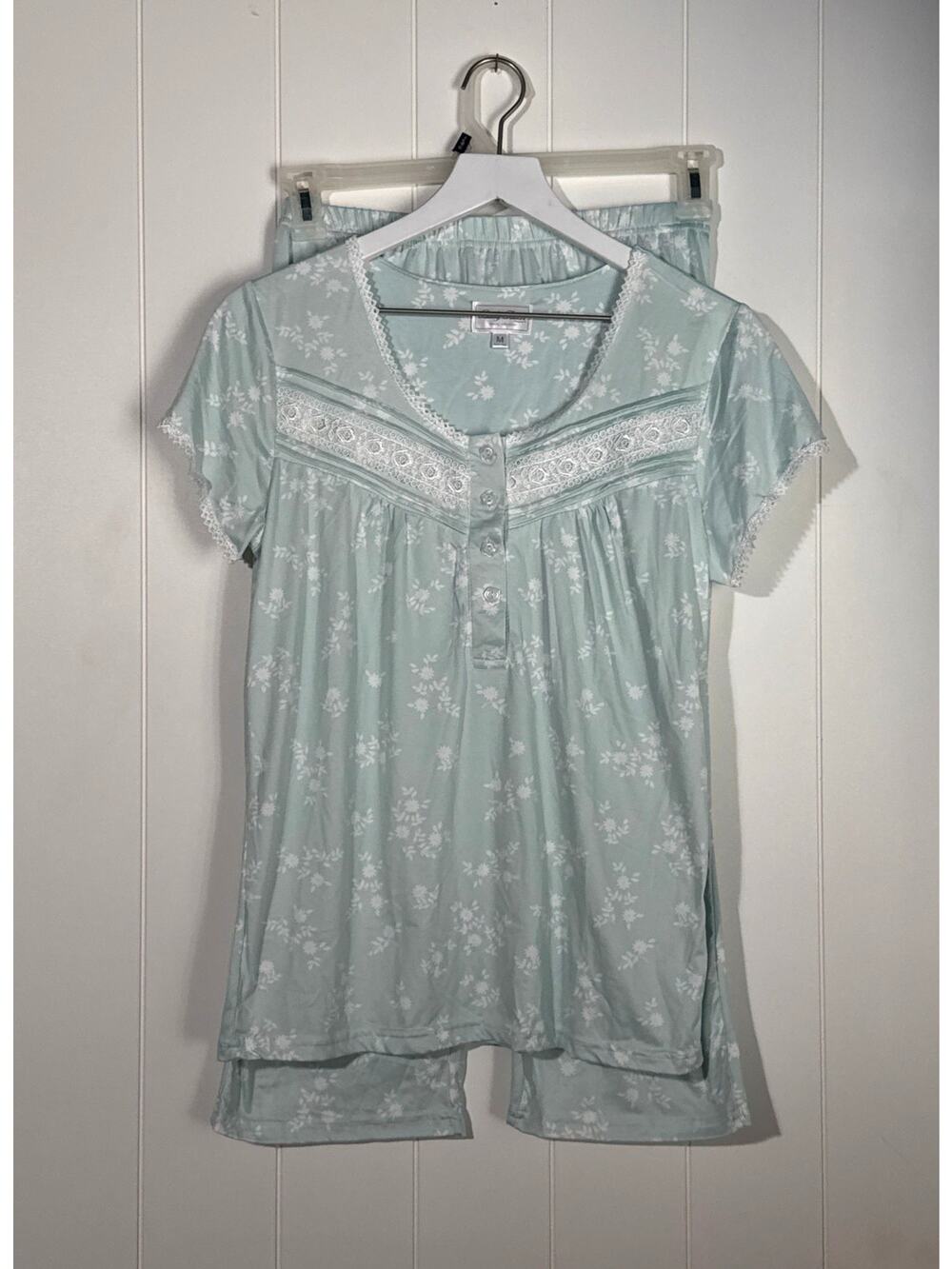 Body Touch Pajama Set Medium Mint Green Floral Knit Short Sleeve Lounge